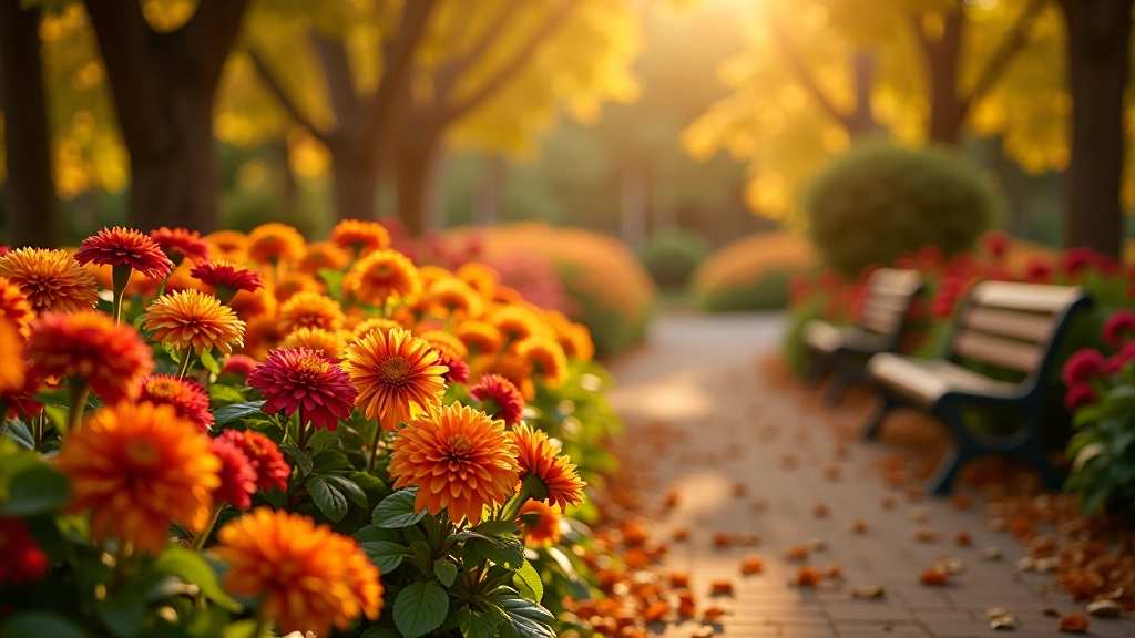 Autumn garden with warm-toned flowers including dahlias and asters in oranges, reds, and deep purples