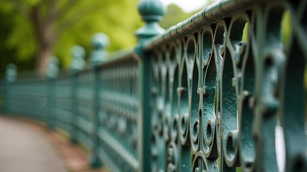 Close-up of ornate Victorian cast iron railings and decorative metalwork with intricate lattice patterns and filigree details