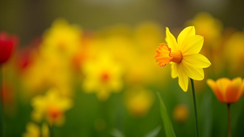 Spring daffodils and tulips blooming densely in garden beds with vibrant yellows and reds