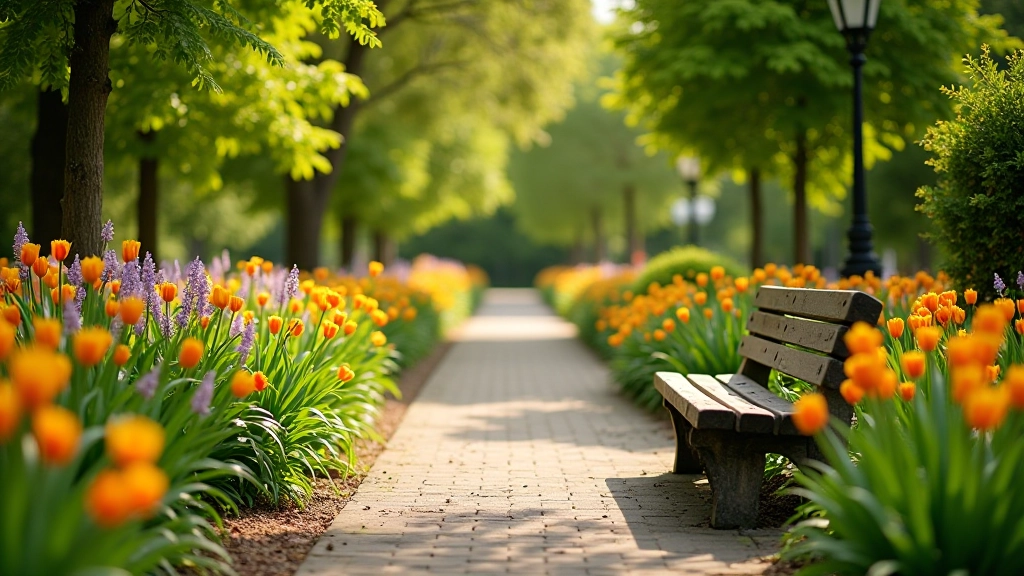 Seasonal garden pathway showing different flowering stages throughout the year with color transitions