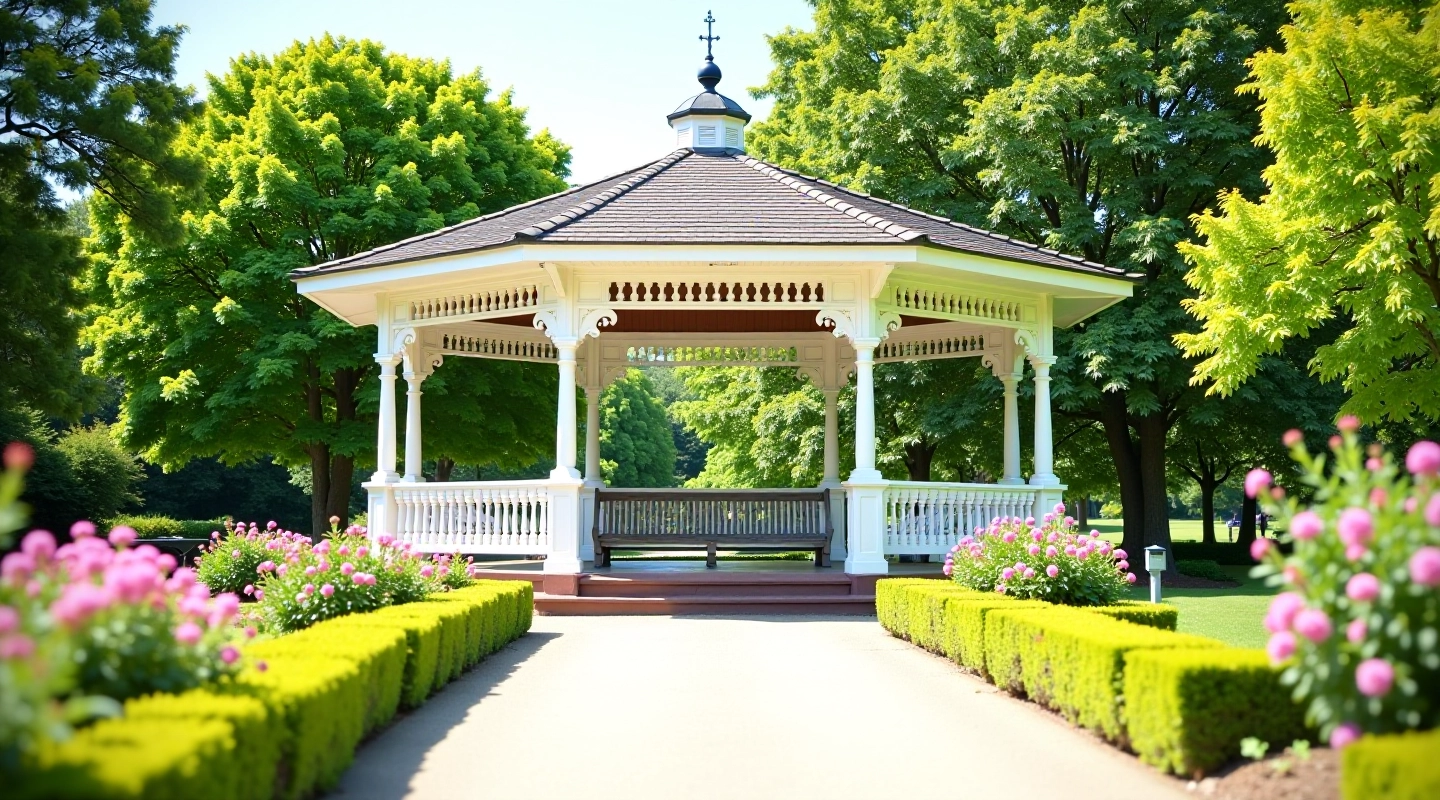Victorian bandstand with ornate white railings surrounded by manicured gardens and flowering shrubs