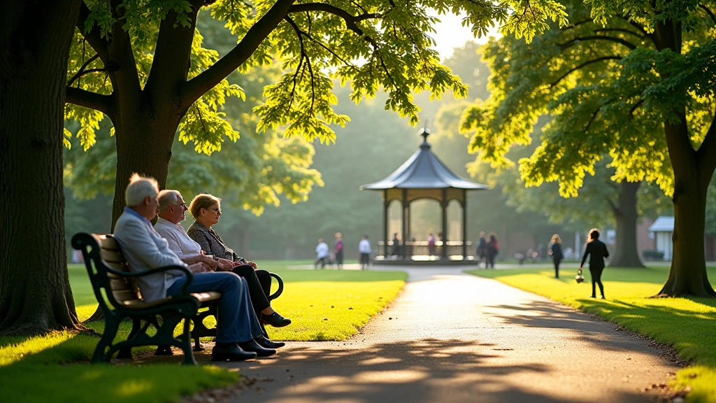 Visitors sitting on park benches near the bandstand enjoying an afternoon, with dappled sunlight filtering through mature trees
