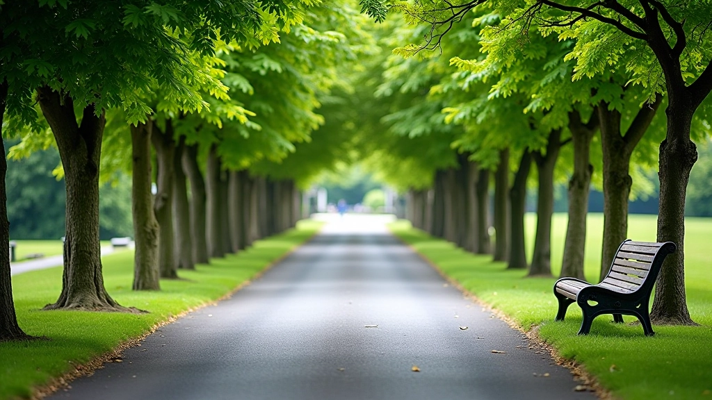 Well-maintained tarmac walking path through park with clear sightlines and accessible features