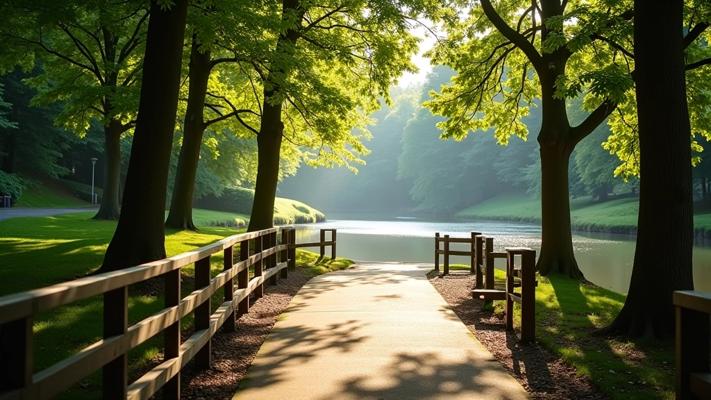 Peaceful riverside path with dappled sunlight through trees and wooden walking bridge
