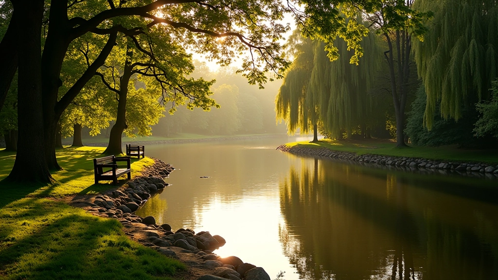Serene riverside scene with dappled sunlight, calm water, and natural vegetation creating peaceful atmosphere