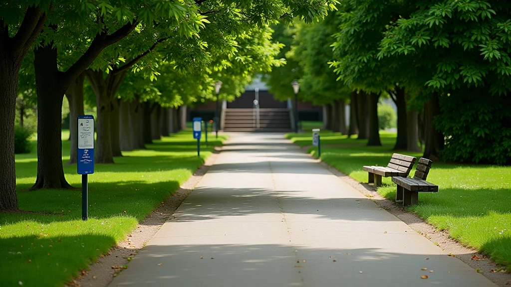 Accessible paved path through park with wheelchair-friendly features and informational signage