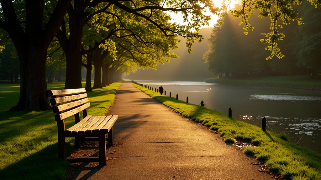 Peaceful riverside path with benches positioned at scenic viewpoints along calm water