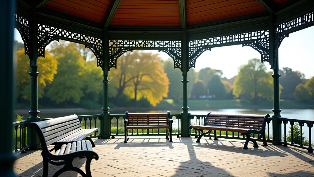 Detailed view of the Victorian bandstand's ornate architectural features and metalwork