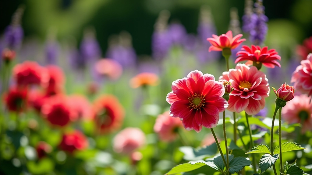 Lush summer garden bursting with roses, lavender, and dahlias in full vibrant bloom