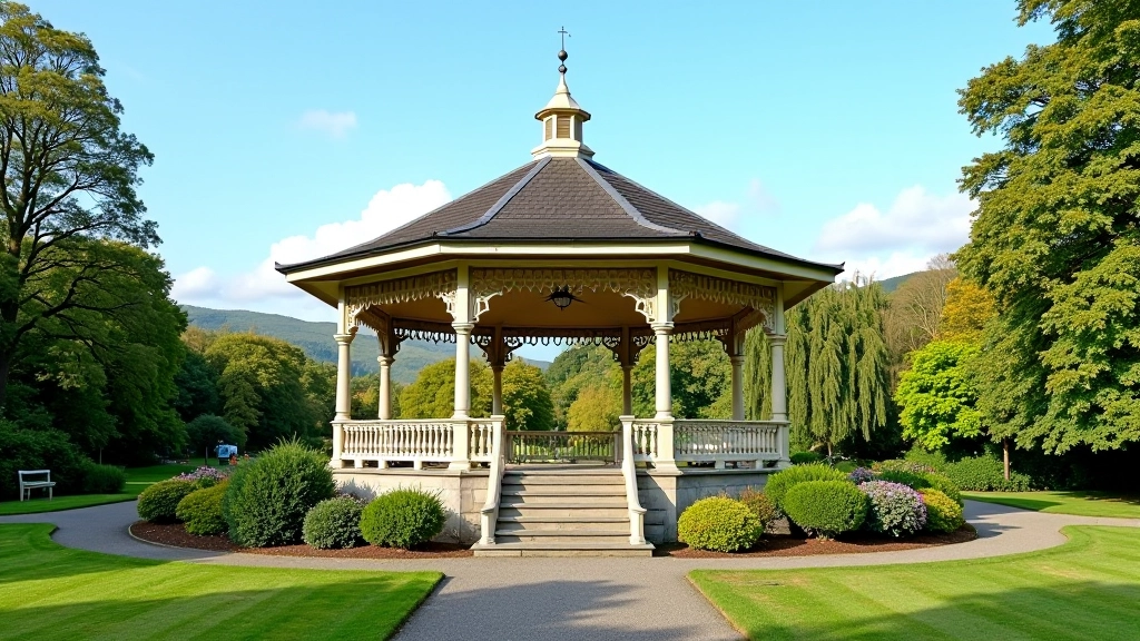 Wide-angle view of the complete Victorian bandstand structure with surrounding park gardens, showing architectural proportions and landscape context