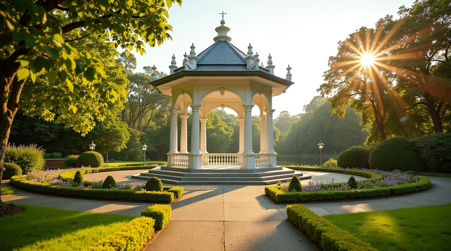 Victorian bandstand surrounded by manicured gardens with ornate white railings at Killarney Park