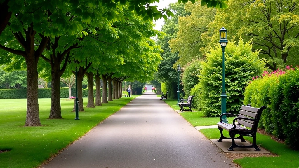 Park pathway with spring flowers