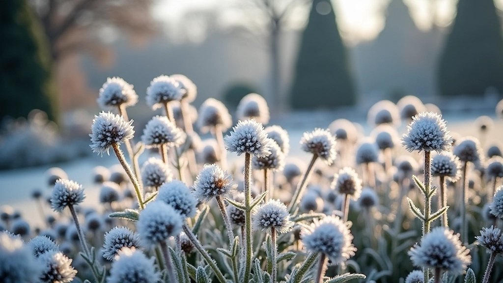 Winter garden landscape with frost-covered plants and bare structures showing garden architecture
