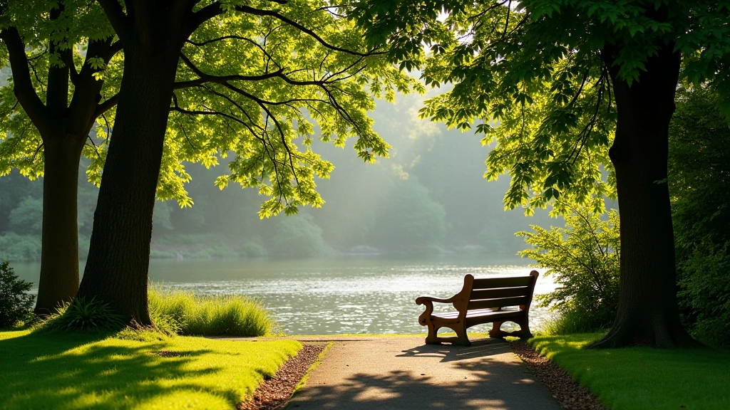 Wooden riverside bench overlooking calm water with tree-lined banks and walking path